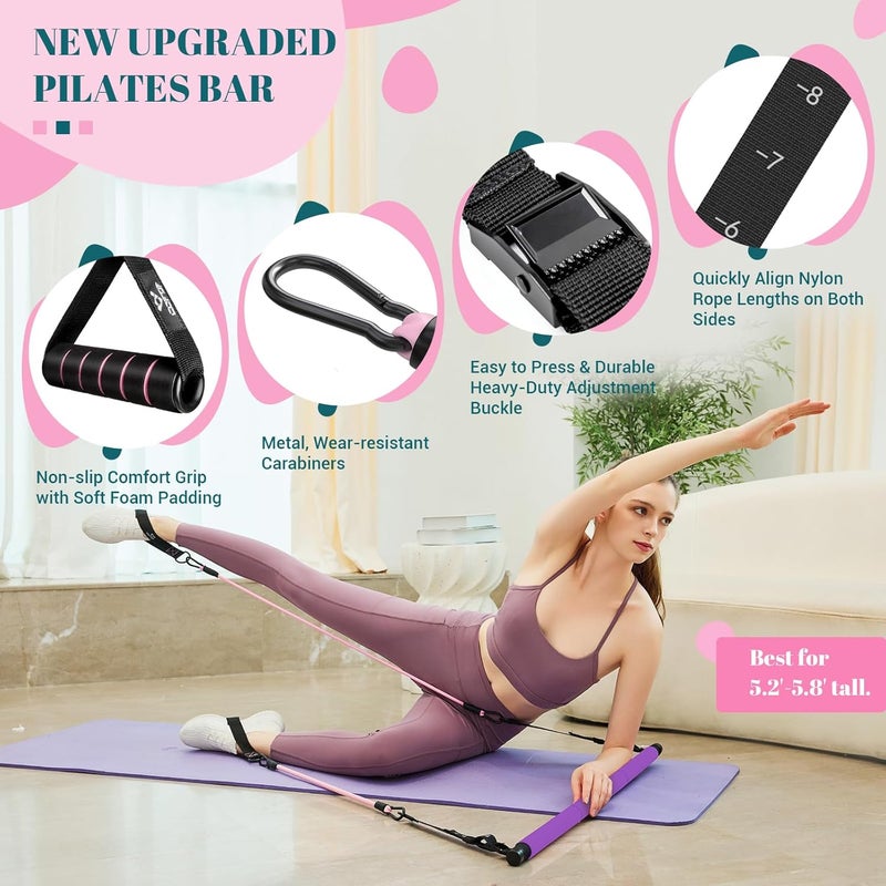 COFOF Pilates Bar Kit with Resistance Bands, Multifunctional Yoga Pilates Bar with Heavy-Duty Metal Adjustment Buckle, Portable Home Gym Pilates Resistance Bar Kit for Women Full Body Workouts - Image 2